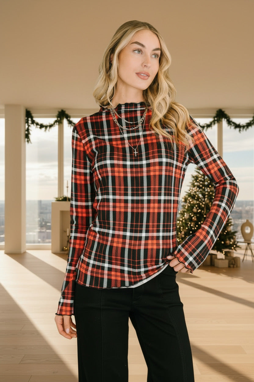 She's Always Changing Plaid Lettuce Hem Top