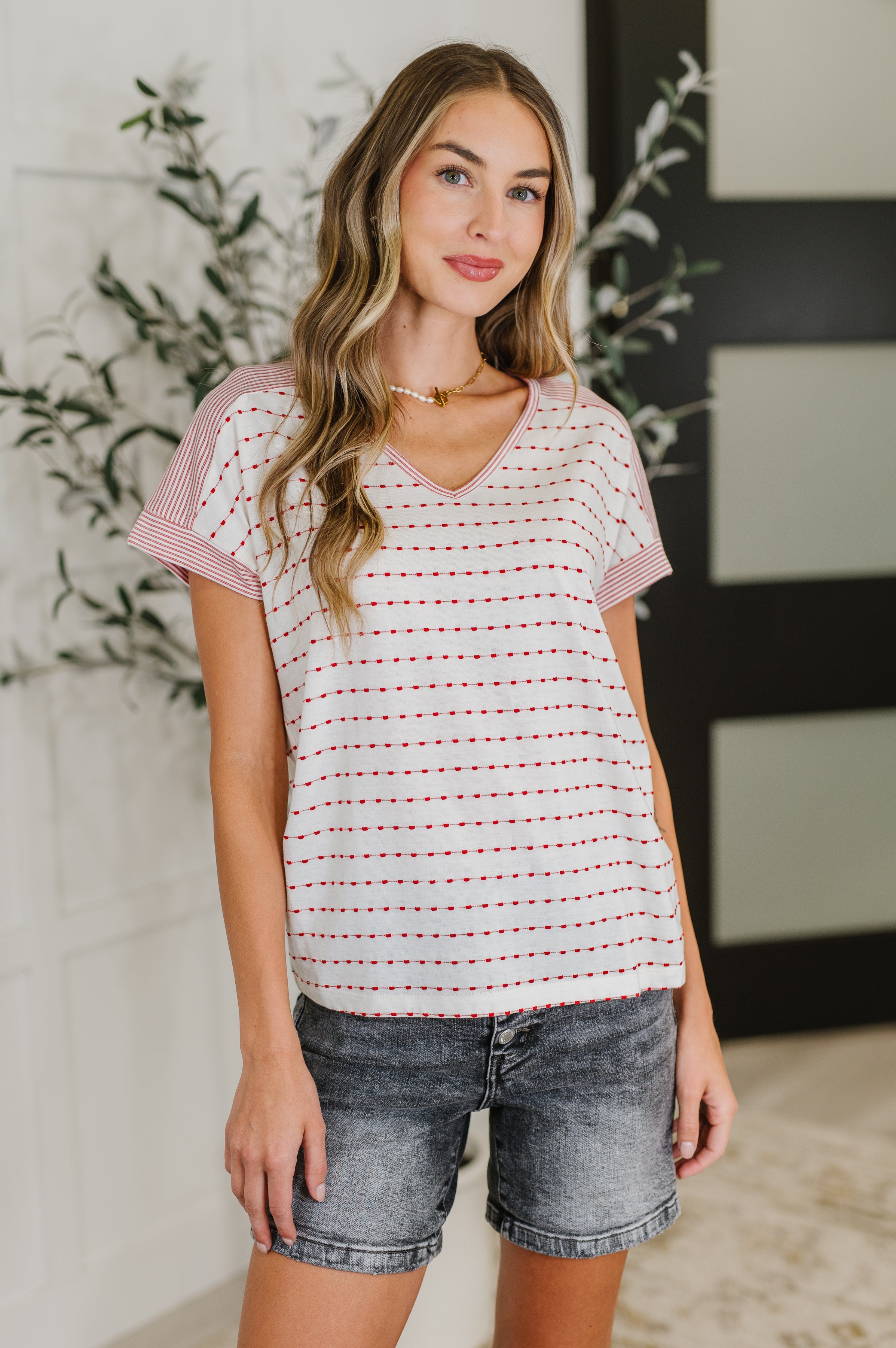 Stitched with Love V-Neck Top in Ivory and Red
