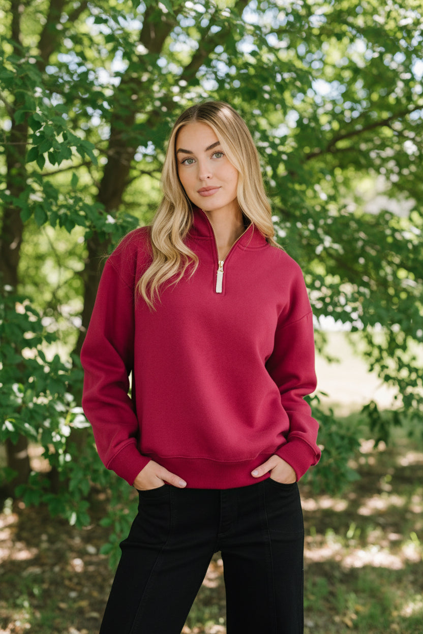 Sweater Weather Half Zip High Neck Pullover in Cabernet