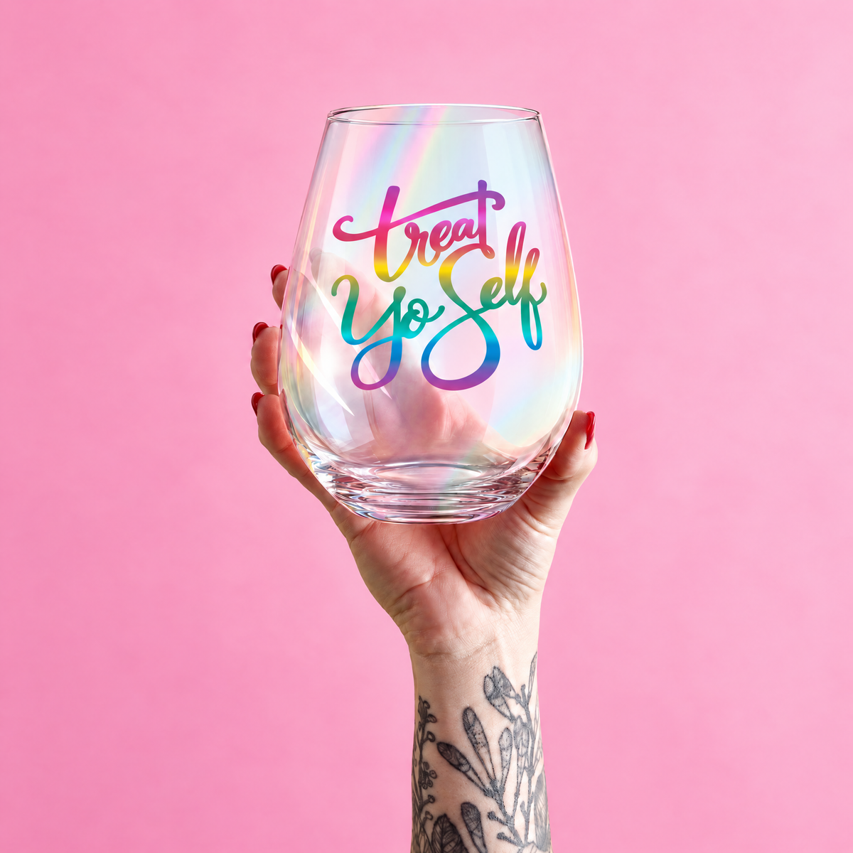 Treat Yo Self Jumbo Stemless Wine Glass in Rainbow Colors | 30 Oz