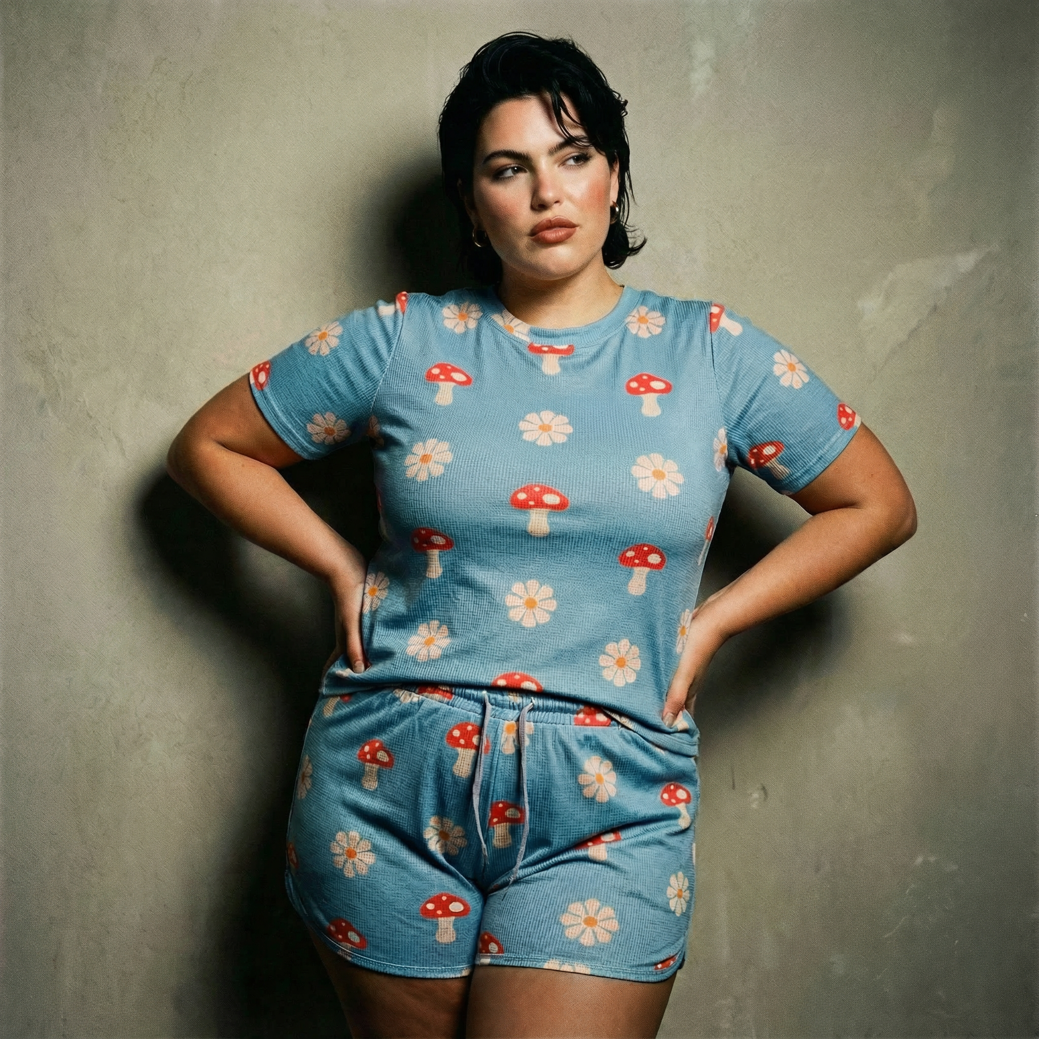 Waffle Fabric Printed Matching Shorts Set