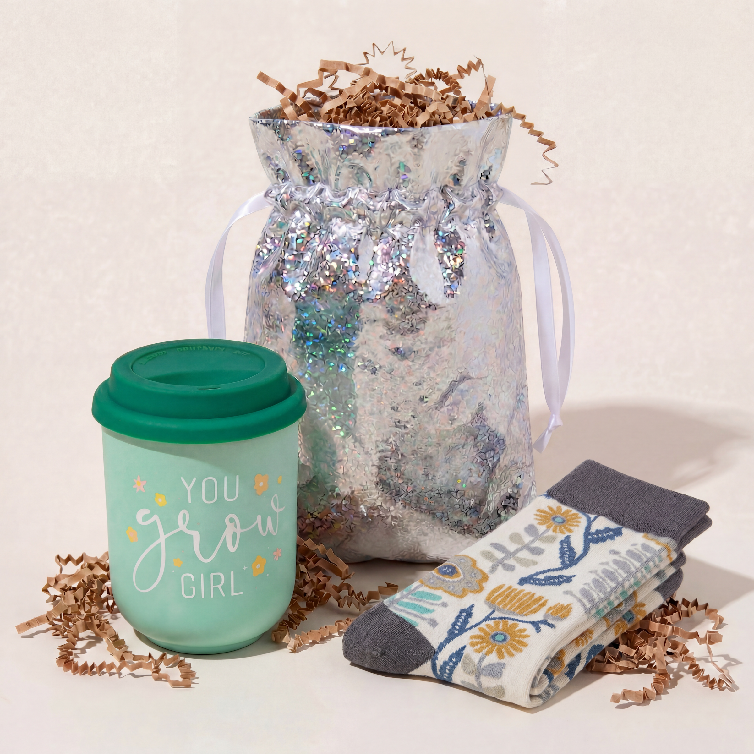 You Grow Girl Gift Set | Travel Mug & Folk Art Floral Socks in Gift Bag