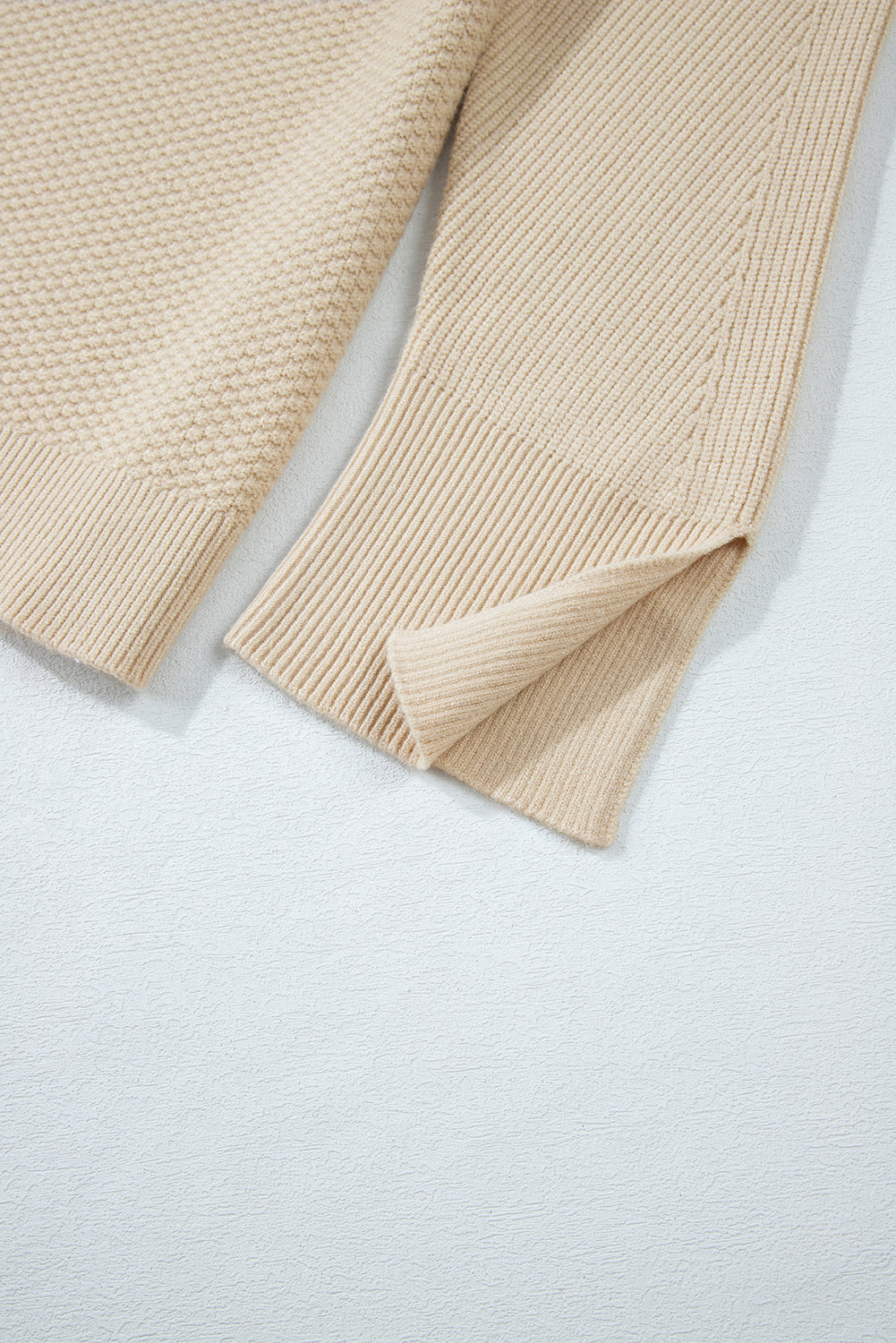 Solid Textured Knit Split Cuff Drop Shoulder Sweater
