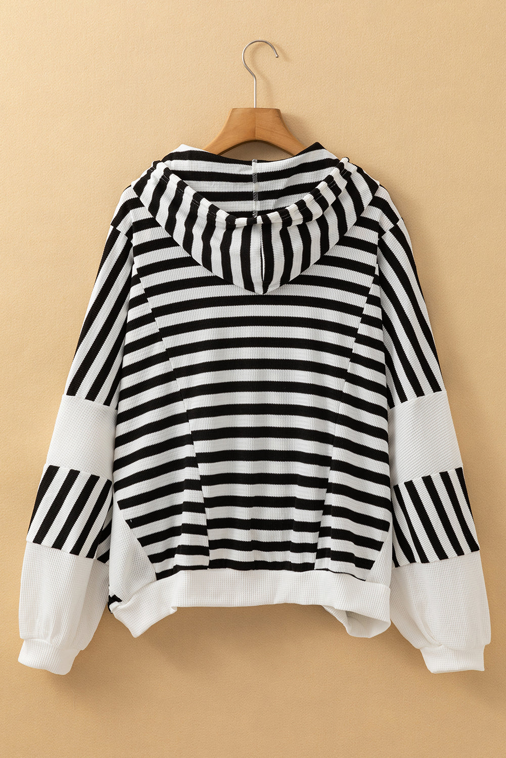 Black White Striped Waffle Patchwork Baggy Hooded Top