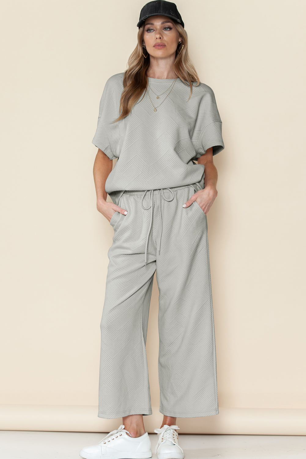 Textured Loose Fit Tee and Pants Set