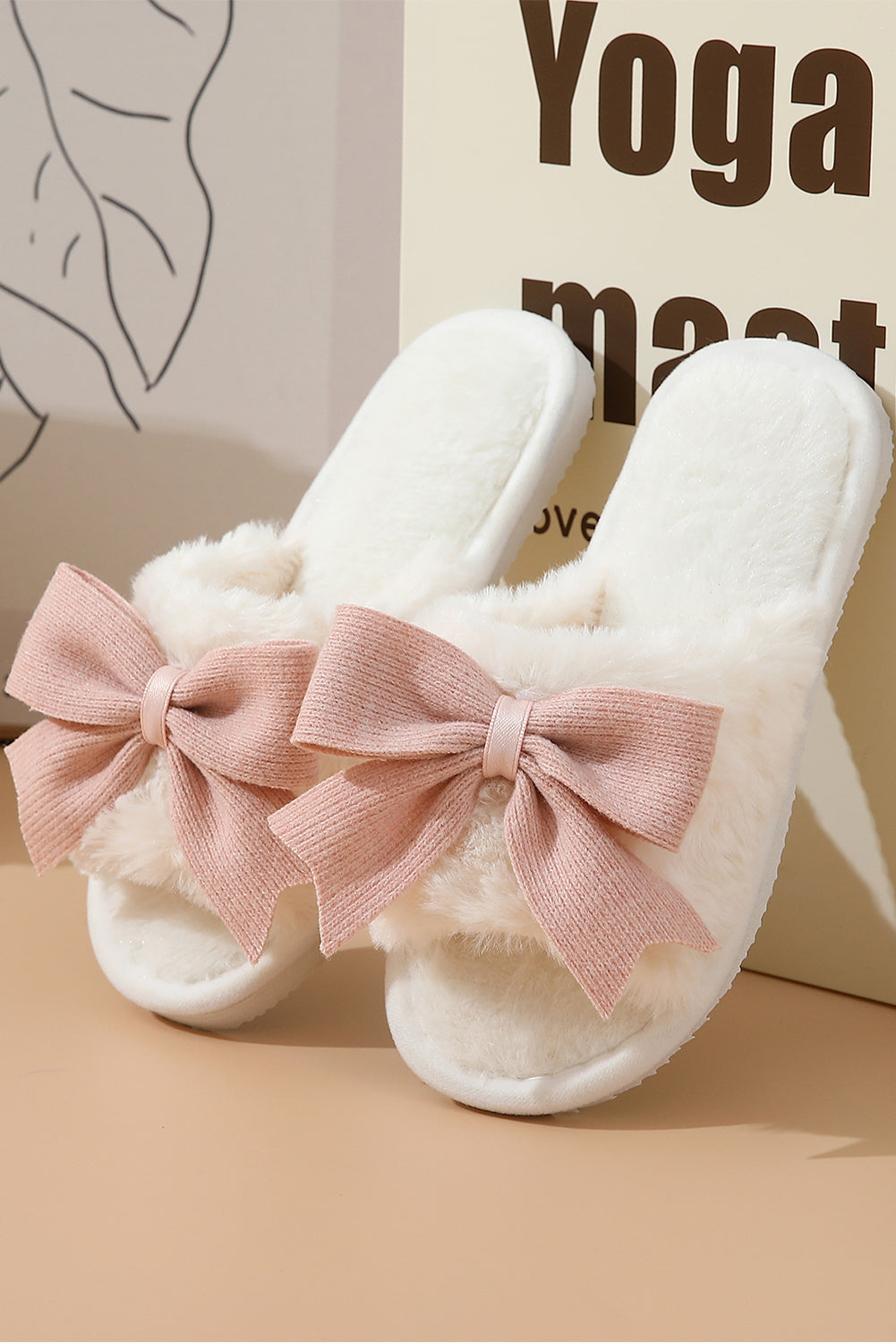 PRE-ORDER: White Cute Bow Fluffy Slippers