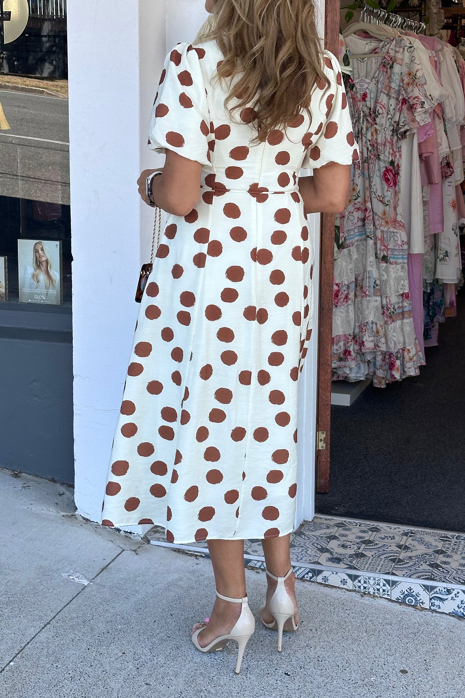 PRE-ORDER: White Polka Dot Printed V Neck Short Sleeve Tie Waist Midi Dress