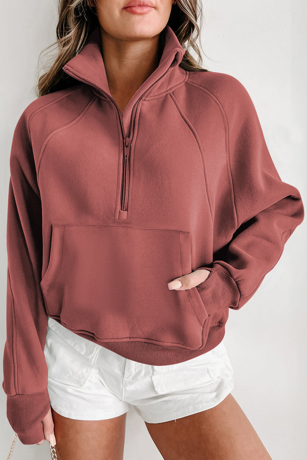 PRE-ORDER: Zip Up Stand Collar Thumbhole Sleeve Sweatshirt