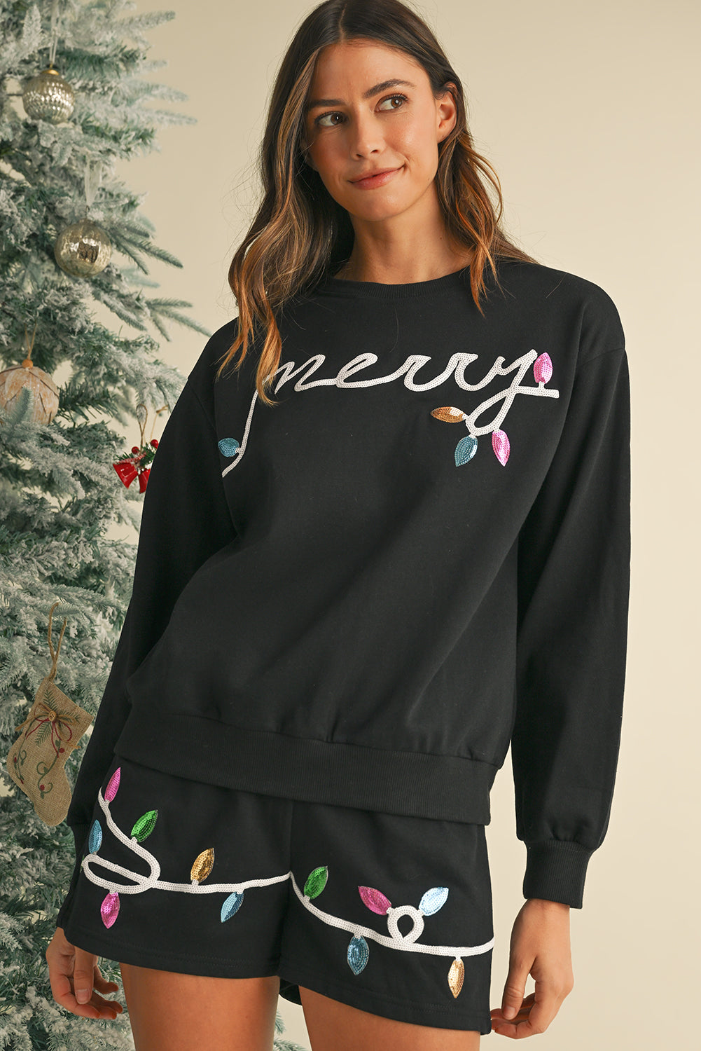 PRE-ORDER: Black Sequin Merry Graphic Pullover and Shorts Set