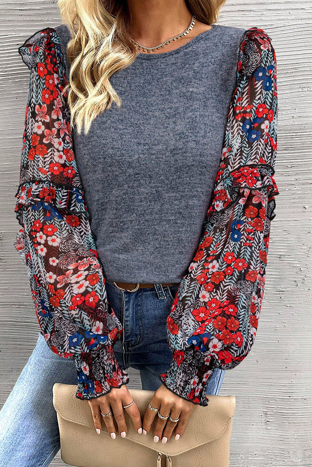 Floral Ruffle Sleeve Patchwork Top