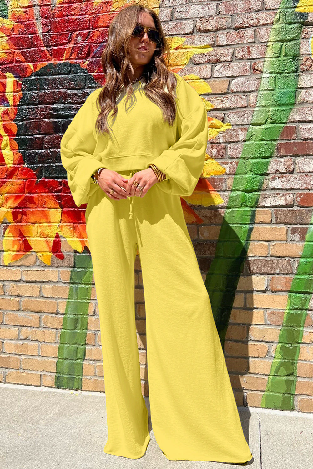 Drop Shoulder Crop Pullover Drawstring Wide Leg Pants Set