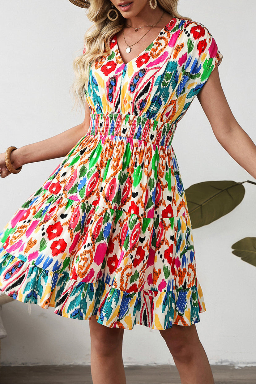 Abstract V-Neck Ruffle Mini Dress
