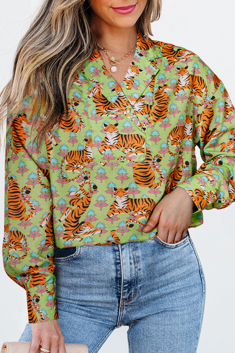 Green Tiger Floral Printed Collared V Neck Blouse