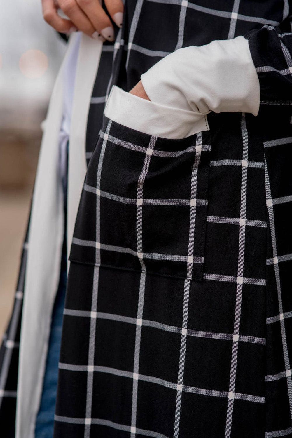 Black Plaid Colorblock Edge Cardigan with Pockets