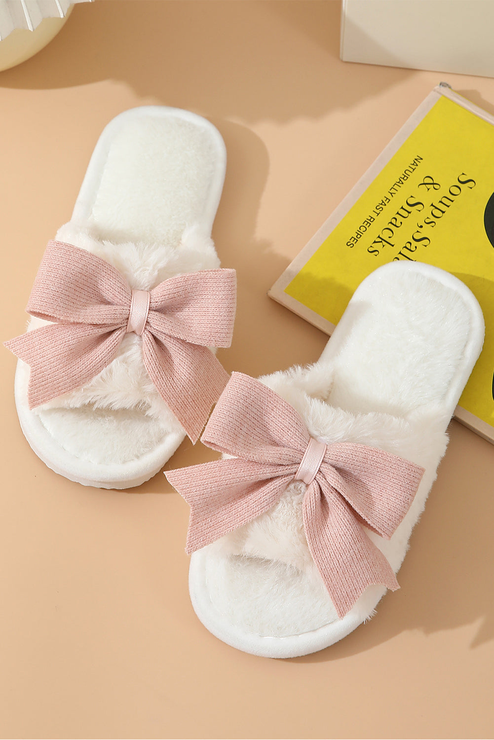 PRE-ORDER: White Cute Bow Fluffy Slippers