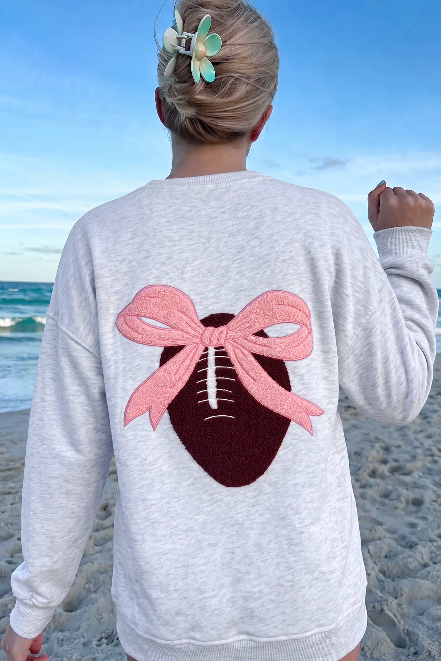 PRE-ORDER: Light Grey Football Bow Back Sweatshirt