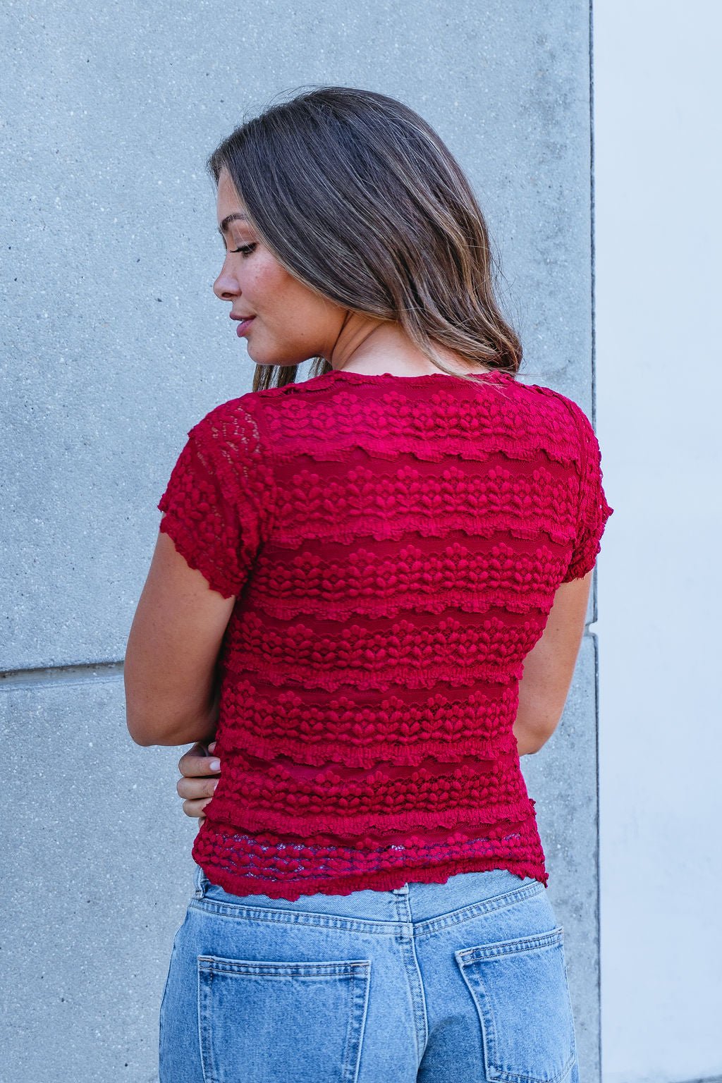 Amara Burgundy High Neck Lace Top
