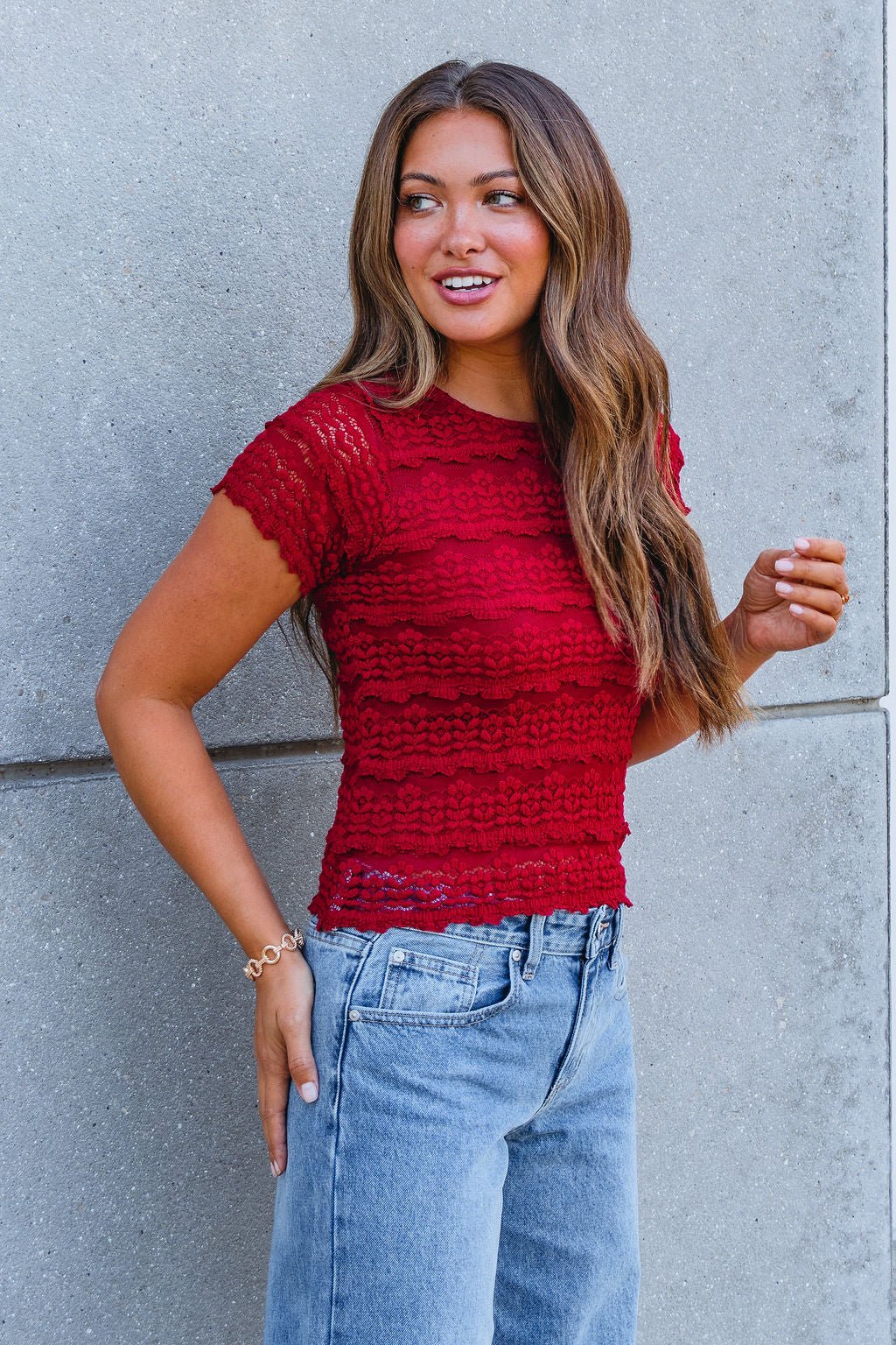 Amara Burgundy High Neck Lace Top