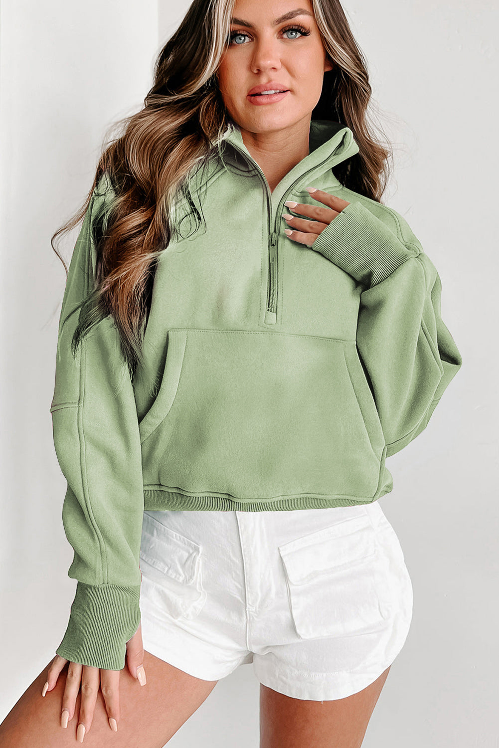 PRE-ORDER: Zip Up Stand Collar Thumbhole Sleeve Sweatshirt