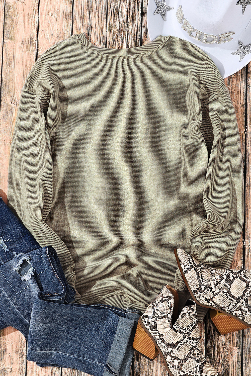 Solid Ribbed Knit Round Neck Pullover Sweatshirt