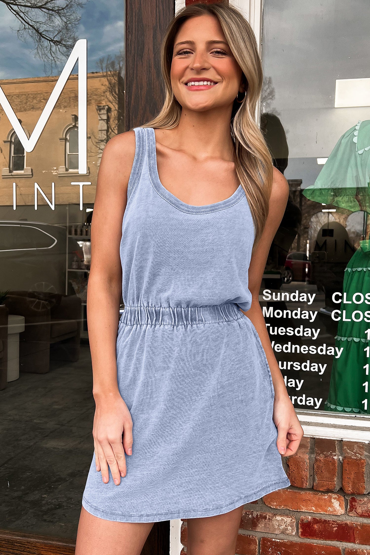 PRE-ORDER: Mineral Wash Elastic Waist Sleeveless Mini Dress