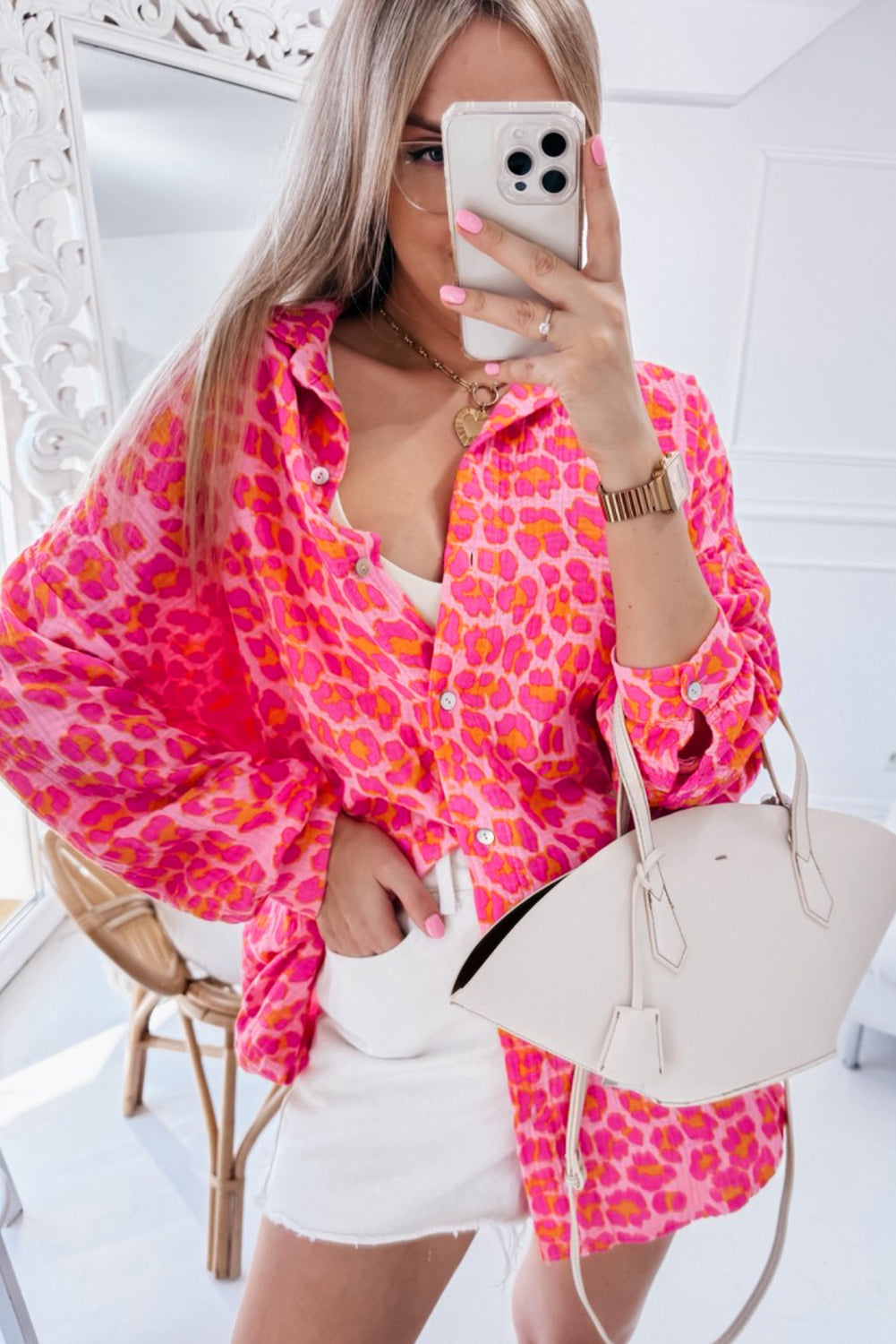 PRE-ORDER: Rose Leopard Print Button-Up Crinkle Shirt