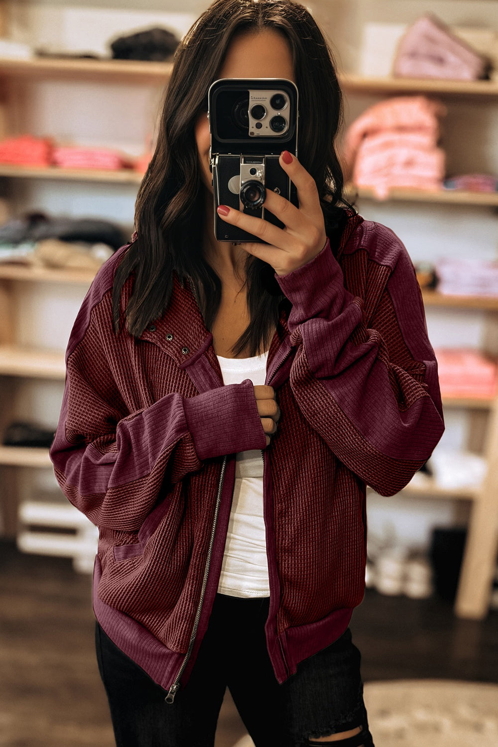 Waffle Splicing Zip Up Front Button Hooded Jacket