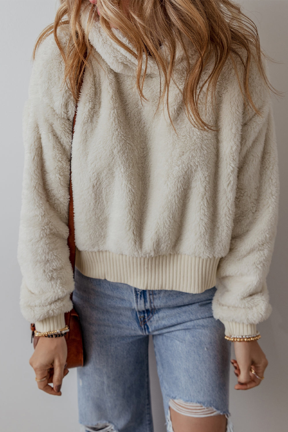 White Ribbed Edge Plush Hoodie