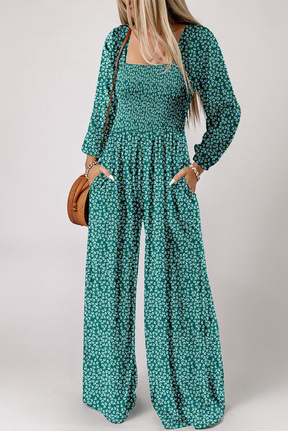 PRE-ORDER: Green Floral Print Shirred Bodice Wide Leg Jumpsuit
