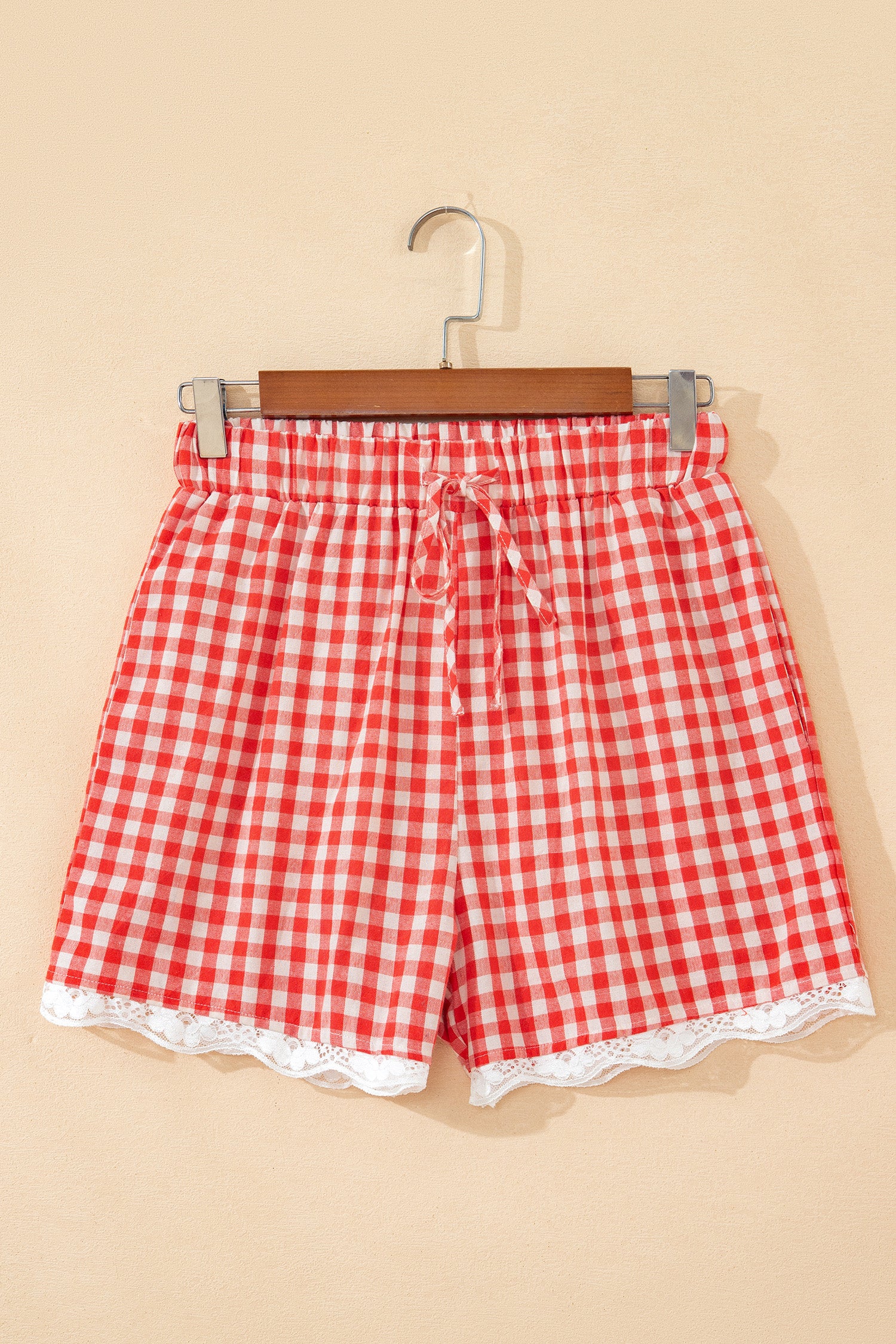 Gingham Plaid Tie Elastic Waist Lace Patchwork Hem Shorts