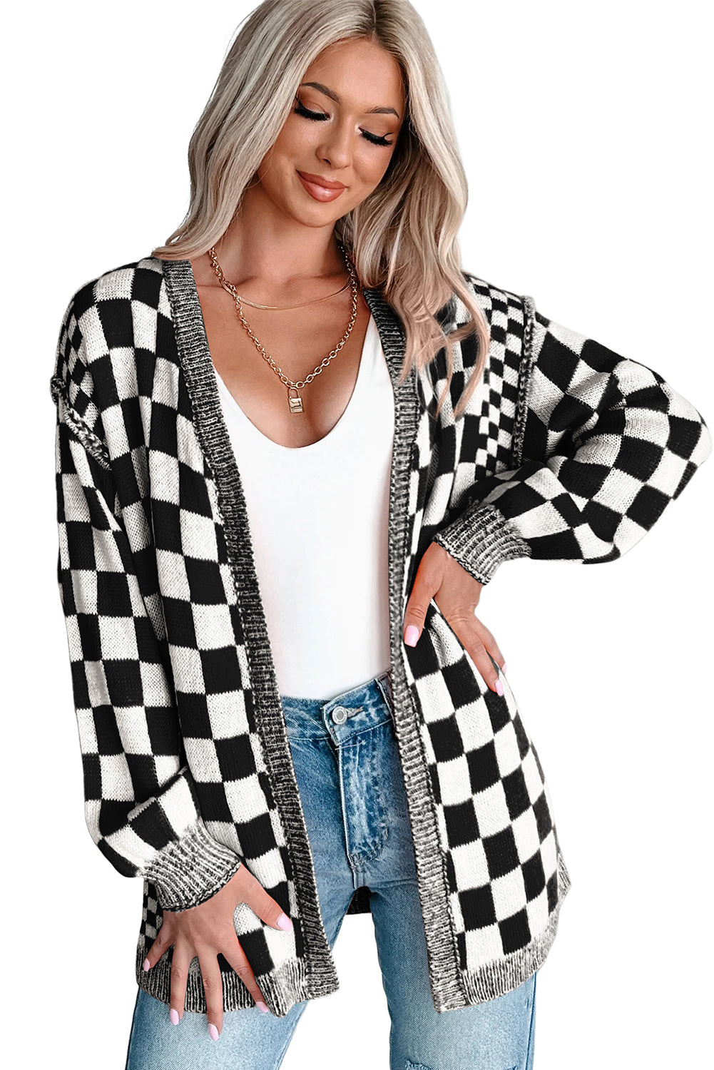 PRE-ORDER: Checkered Drop Shoulder Cardigan
