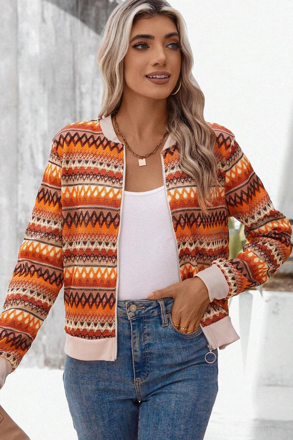 Orange Striped Zip Up Jacket