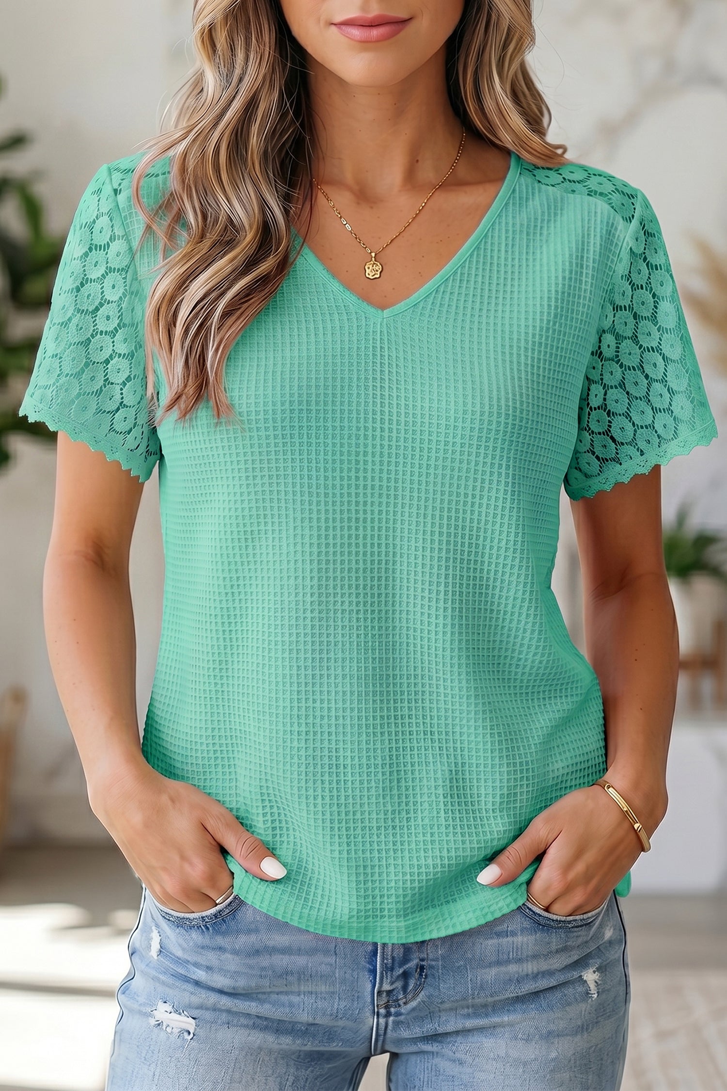 PRE-ORDER: Lace Splicing Button V Neck Waffle Knit Blouse