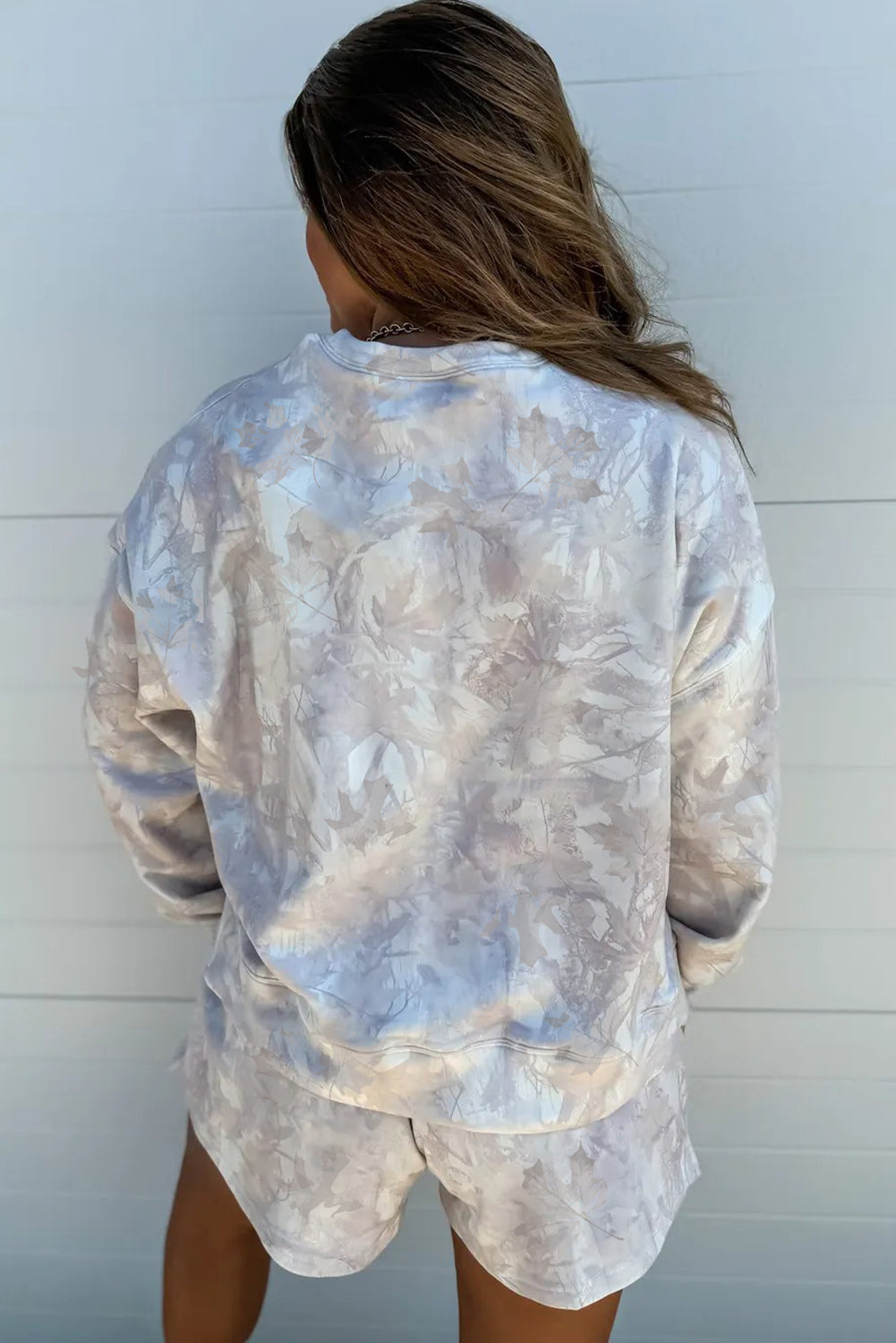 PRE-ORDER: Beige Abstract Maple Leaf Print Long Sleeve Top Elastic Waist Shorts Set