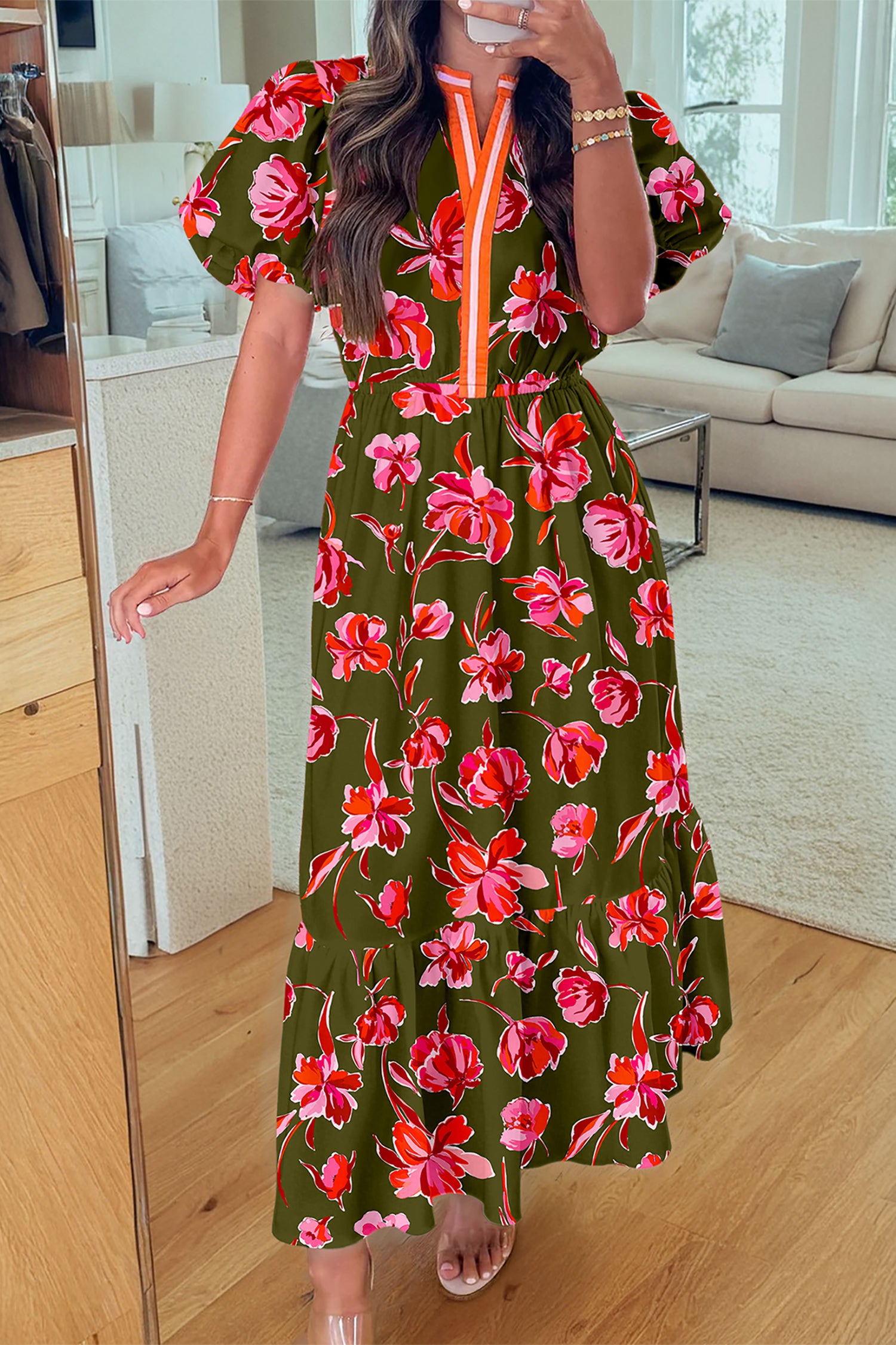 PRE-ORDER: Green Floral Striped Trim Split Neck Short Puff Sleeve Ruffle Hem Maxi Dress