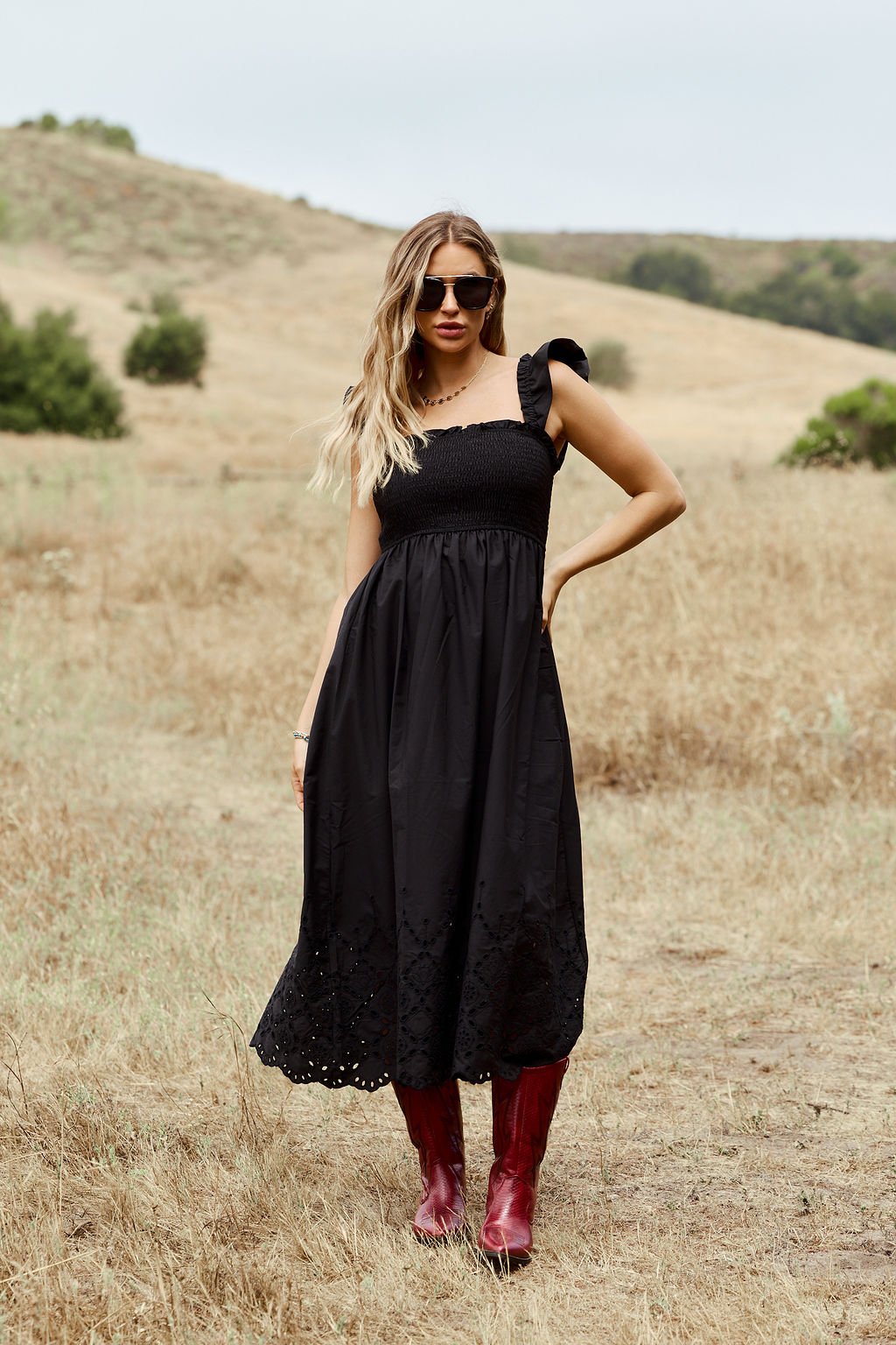 Backroad Beauty Smocked Midi Dress - Black