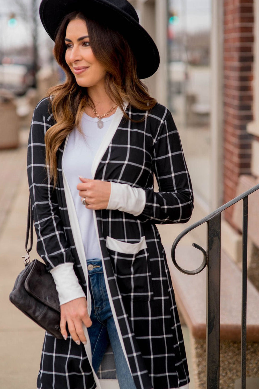 Black Plaid Colorblock Edge Cardigan with Pockets