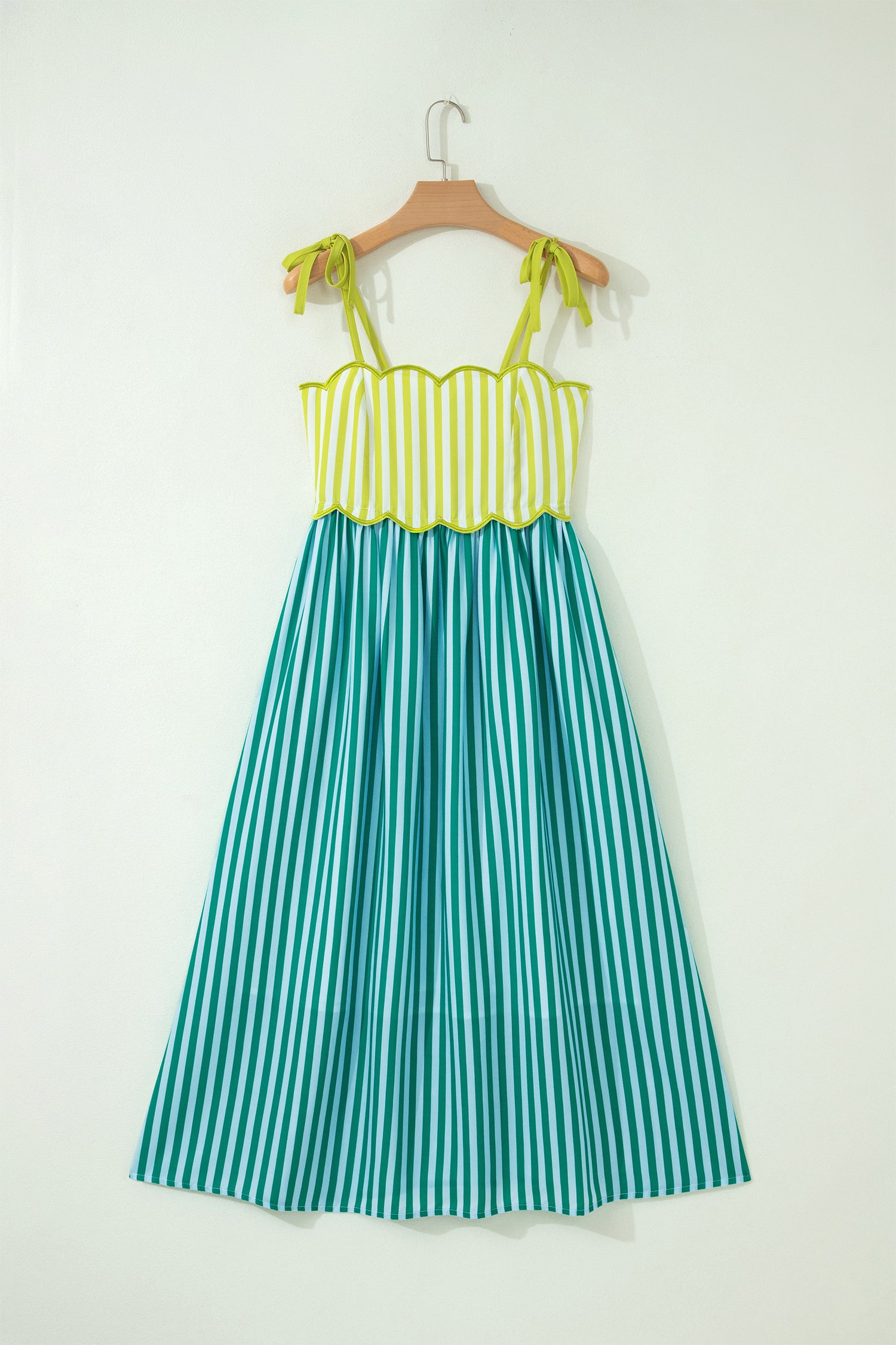 PRE-ORDER: Green Stripe Scalloped Contrast Knot Strap Midi Dress