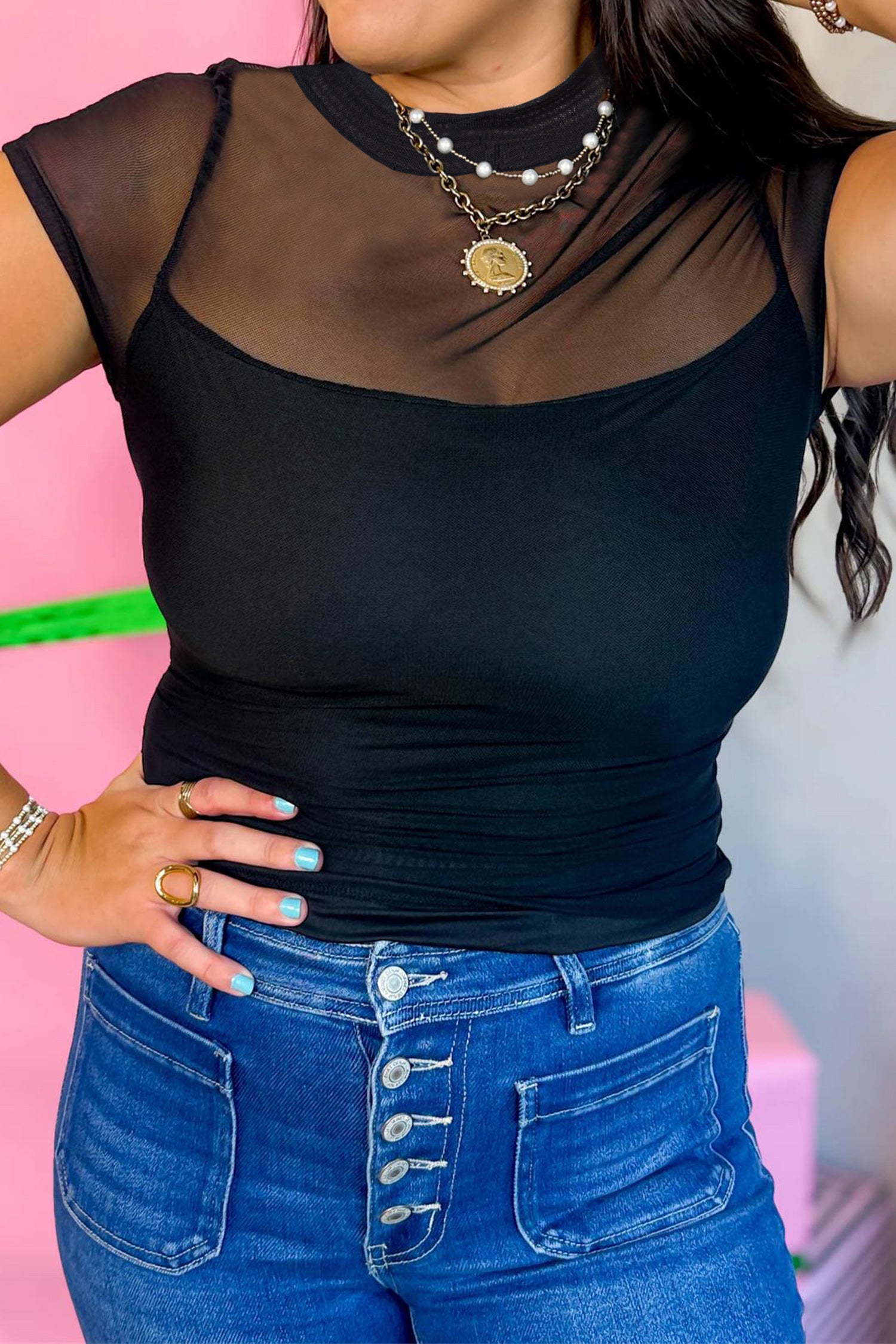 PRE-ORDER: Black Sheer Mesh Patchwork Cap Sleeve Tee