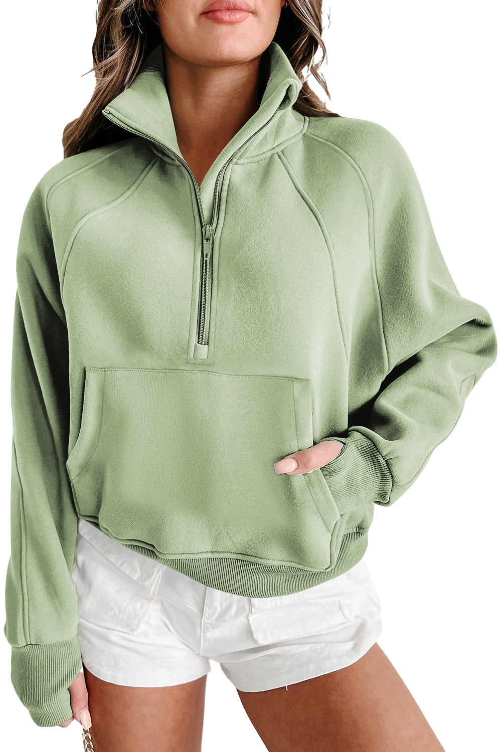 PRE-ORDER: Zip Up Stand Collar Thumbhole Sleeve Sweatshirt