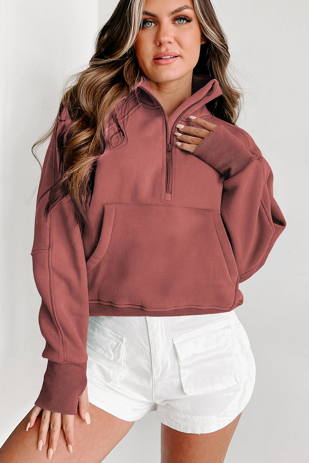 PRE-ORDER: Zip Up Stand Collar Thumbhole Sleeve Sweatshirt