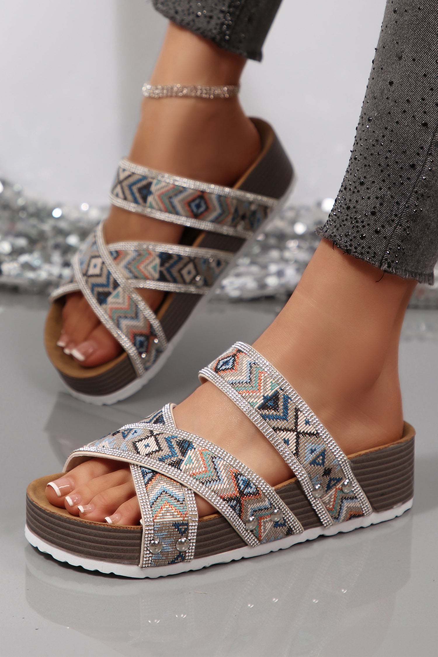 PRE-ORDER: Tribal Geometric Rhinestone Embellished Platform Sandals