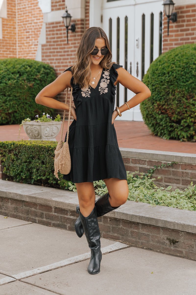 Black Embroidered Tiered Mini Dress