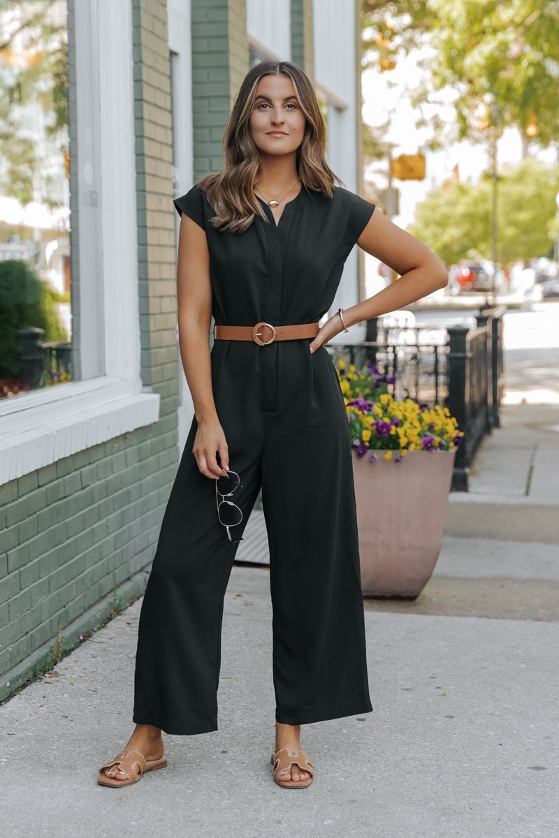 Black Short Sleeve Belted Jumpsuit