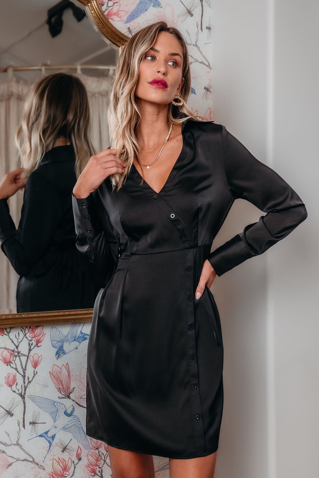 Black V Neck Satin Mini Dress