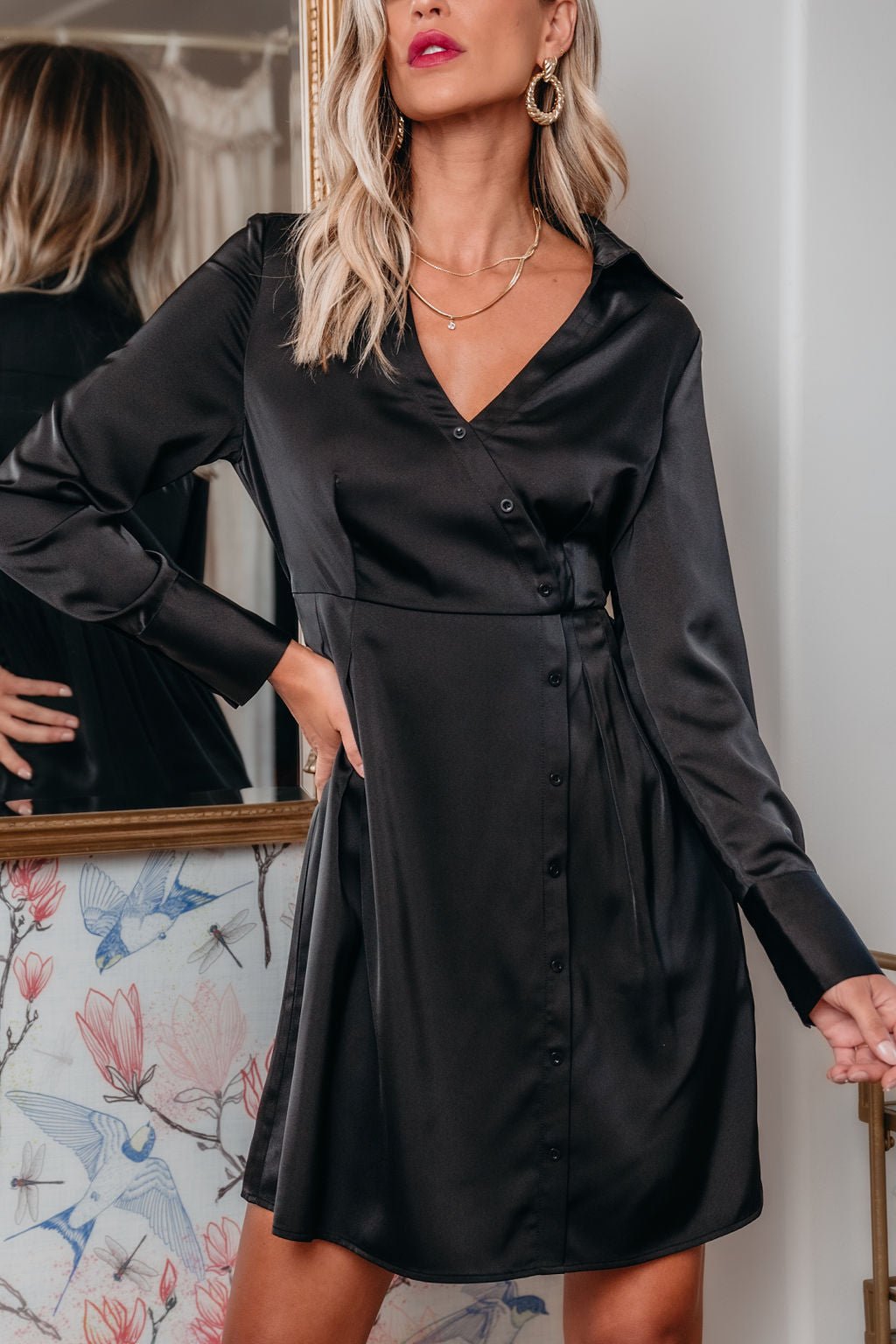 Black V Neck Satin Mini Dress