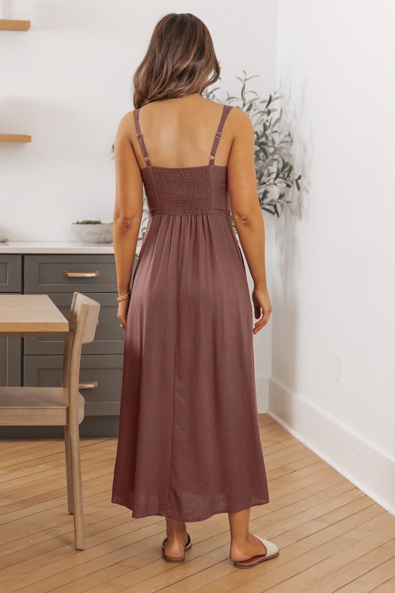 Brown V Neck Linen Midi Dress