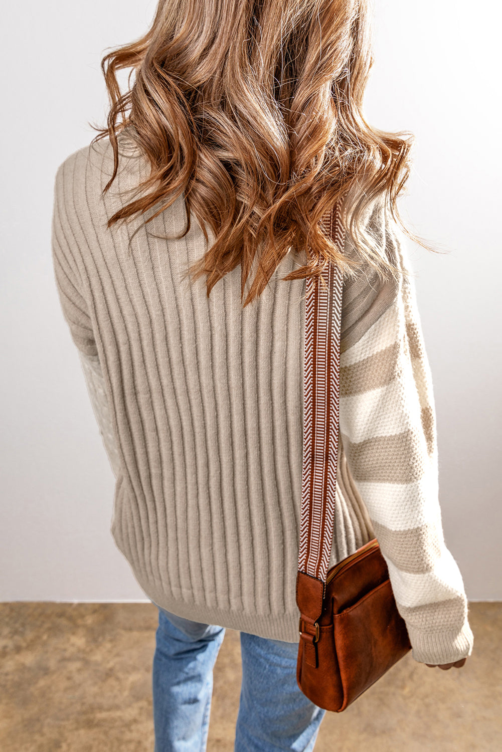 Khaki Cable Knit Colorblock Drop Shoulder Sweater