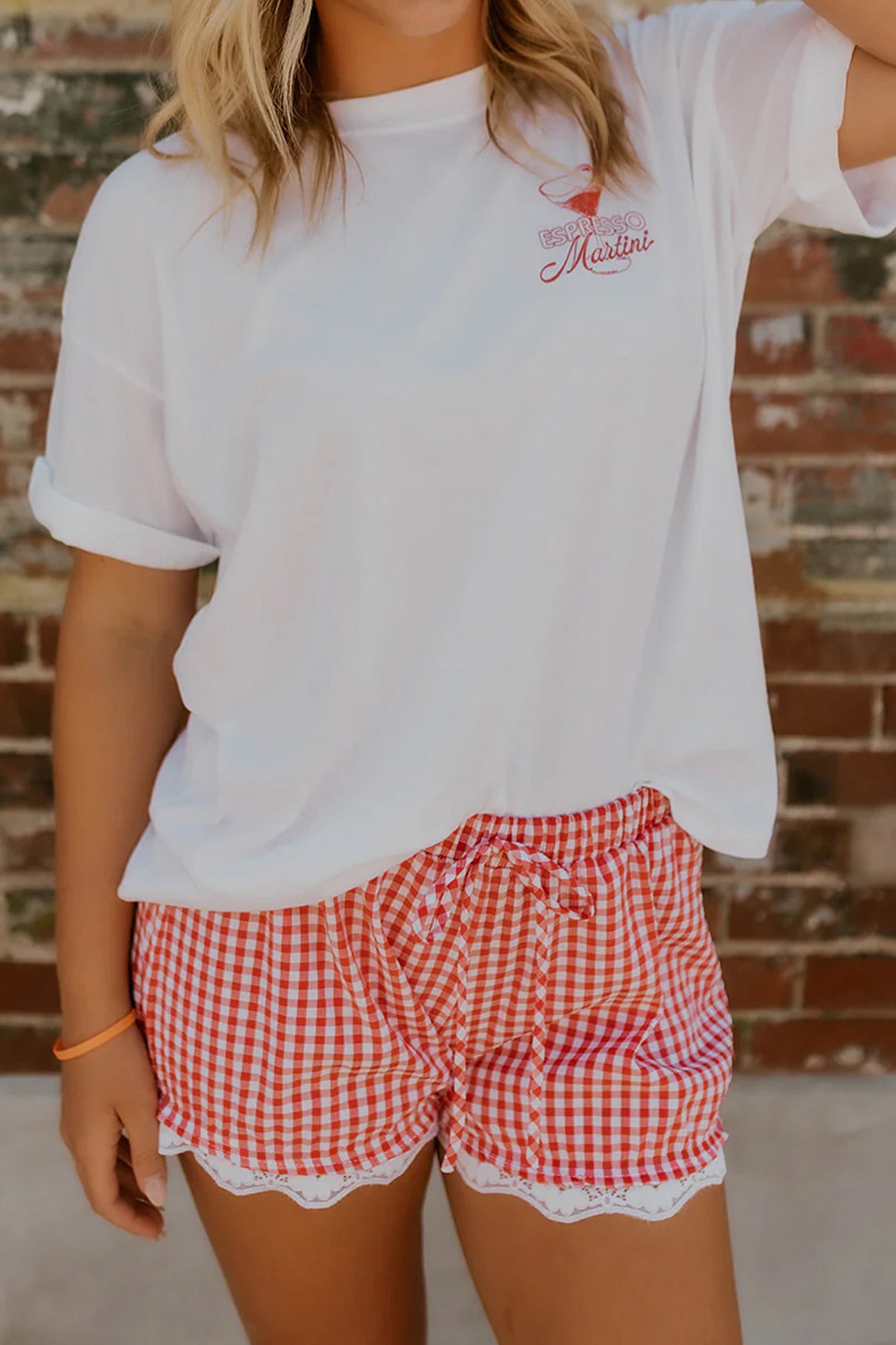 Gingham Plaid Tie Elastic Waist Lace Patchwork Hem Shorts