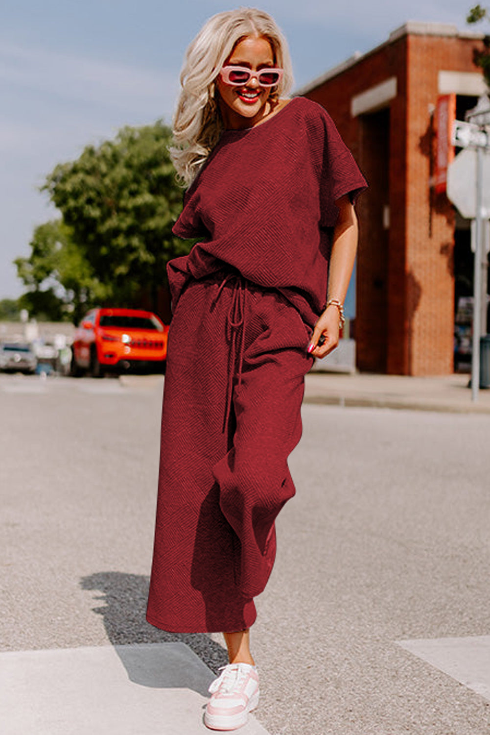 Textured Loose Fit Tee and Pants Set